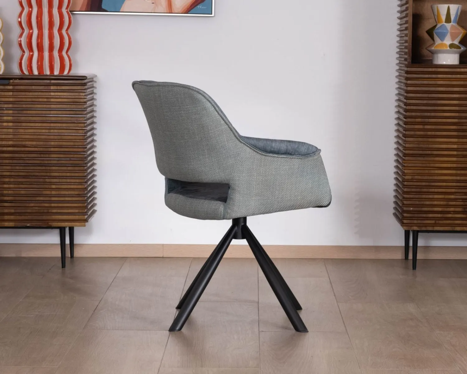 Meuble House Lot de 2 fauteuils de repas contemporains en tissu bi texture bleu "Chilko" pied pivotant en métal