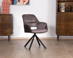 Meuble House Lot de 2 fauteuils de repas enveloppants en tissu bi texturé chocolat et pied pivotant en métal