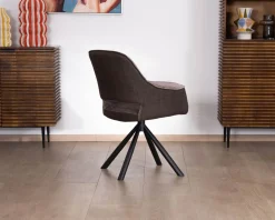 Meuble House Lot de 2 fauteuils de repas enveloppants en tissu bi texturé chocolat et pied pivotant en métal