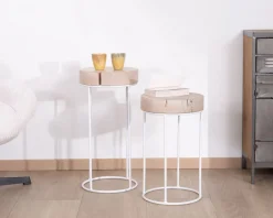Meuble House Lot de 2 tables d'appoint rondes blanchies en bois et métal 