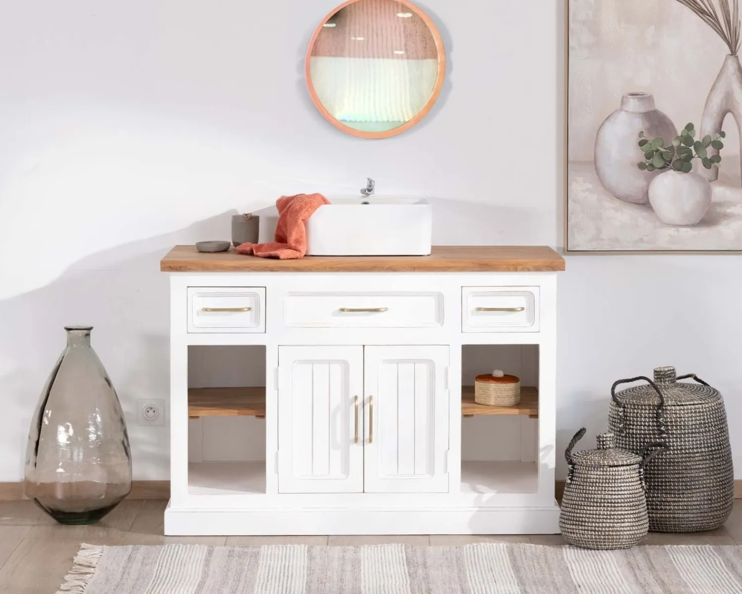 Meuble House Meuble avec vasque simple en acacia blanc "Trégastel" 120 cm Outlet