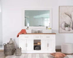 Meuble House Meuble de salle bain double en acacia naturel et blanc 