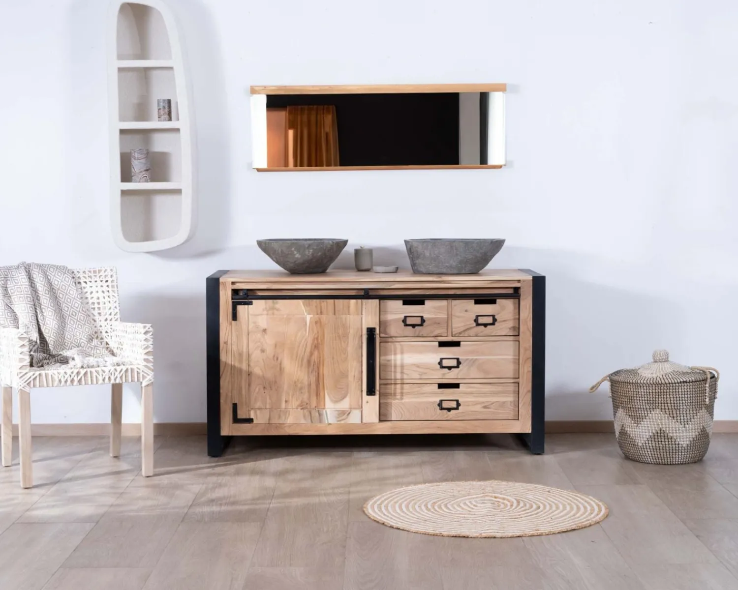 Meuble House Meuble de salle de bain bois massif et pieds métal "Montréal" 150cm Discount