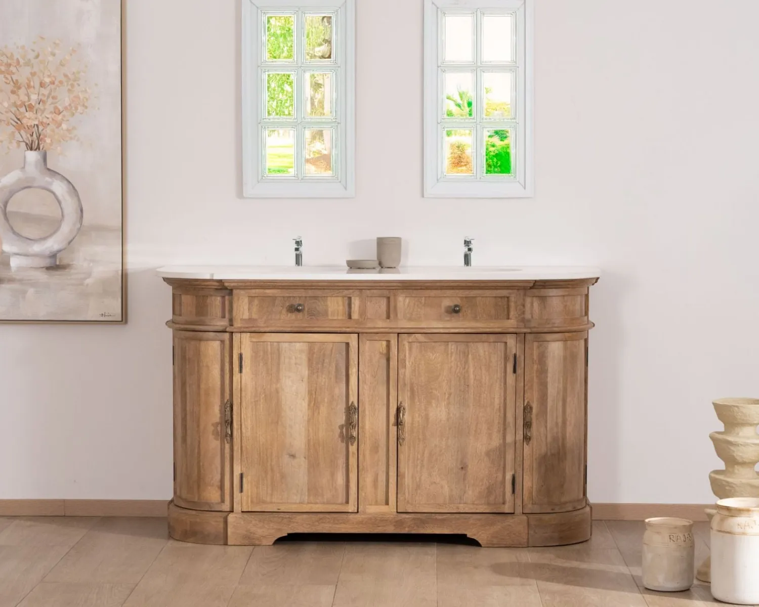 Meuble House Meuble de salle de bain deux vasques bois et quartz 150cm "Églantine"