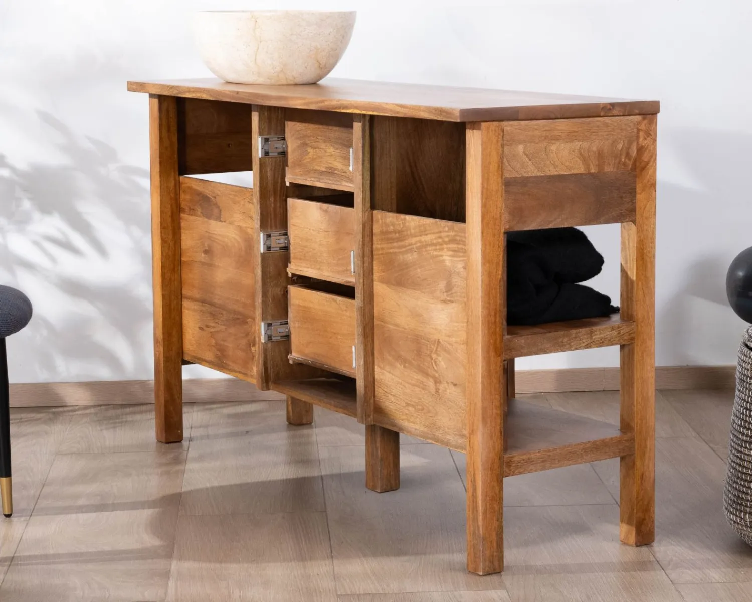 Meuble House Meuble de salle de bain double en manguier foncé 140 cm avec niches et tiroirs "Kahiko" Clearance