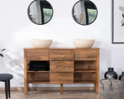 Meuble House Meuble de salle de bain double en manguier foncé 140 cm avec niches et tiroirs