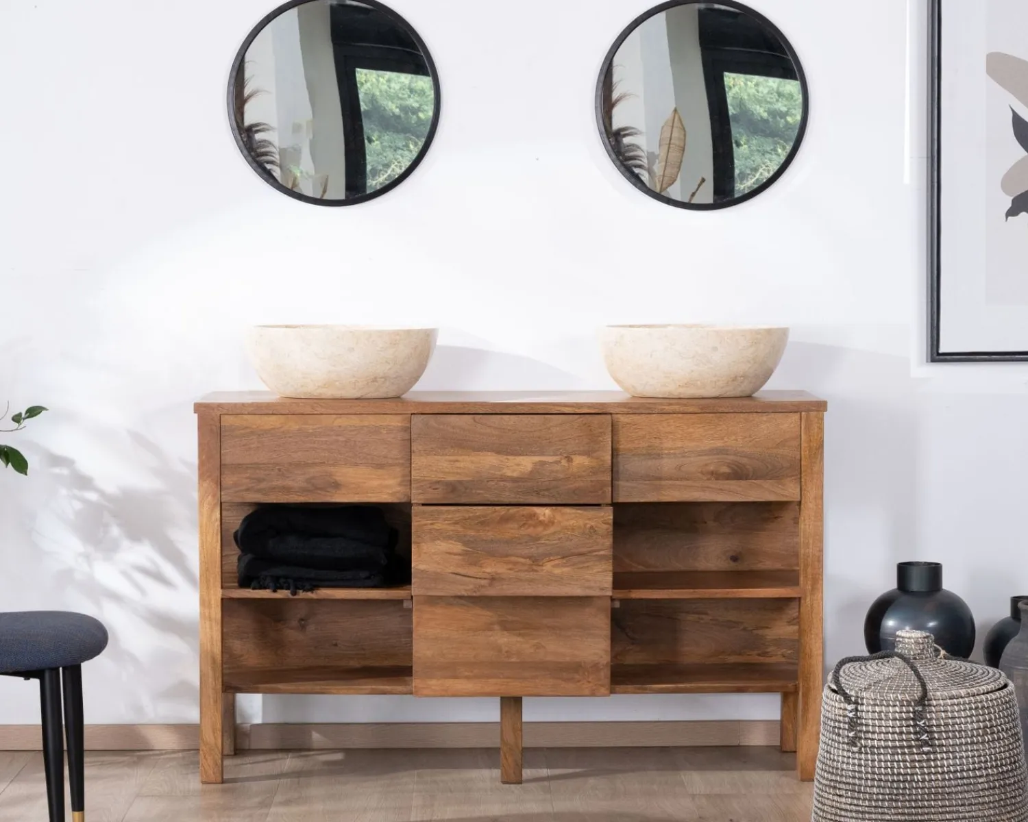 Meuble House Meuble de salle de bain double en manguier foncé 140 cm avec niches et tiroirs "Kahiko" Clearance