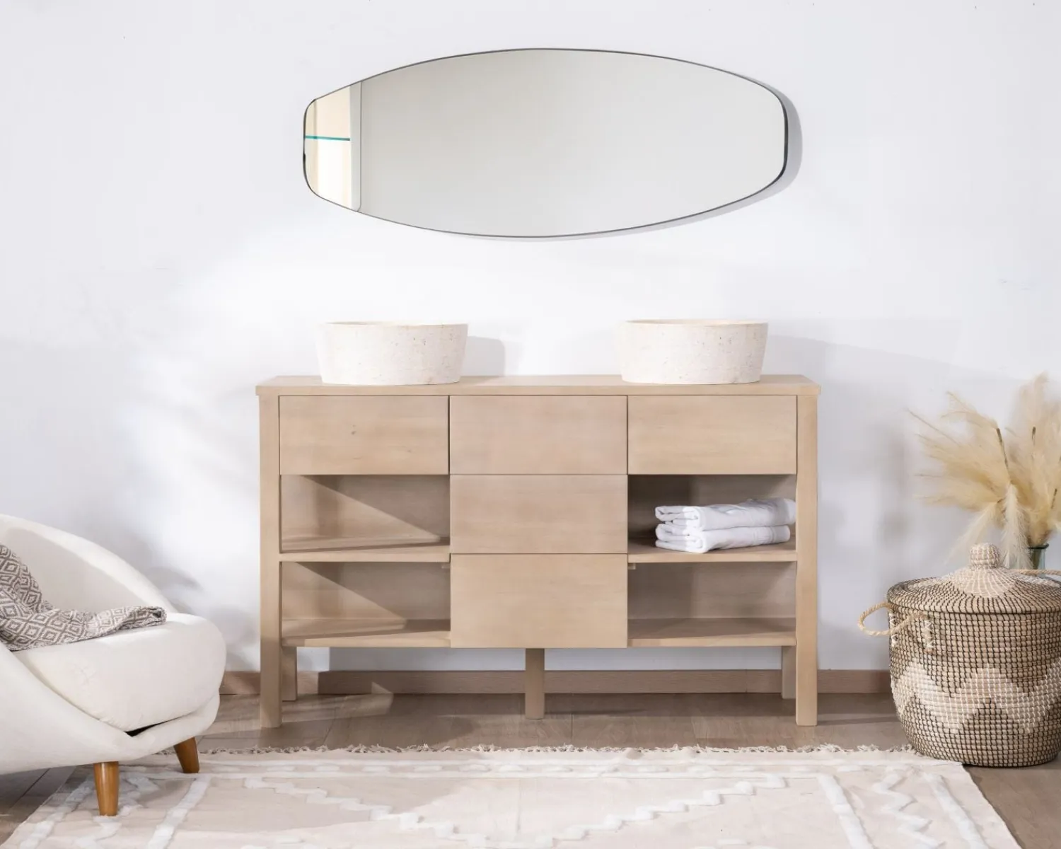 Meuble House Meuble de salle de bain double en manguier blanchi 140 cm avec niches et tiroirs "Kahiko" Outlet