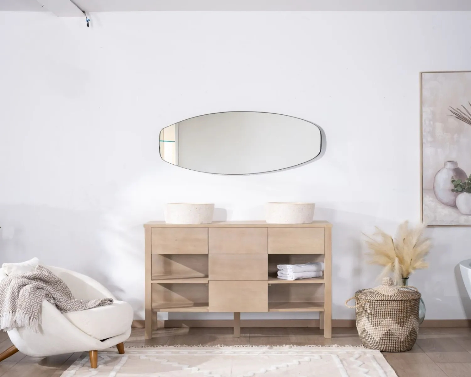 Meuble House Meuble de salle de bain double en manguier blanchi 140 cm avec niches et tiroirs "Kahiko" Outlet
