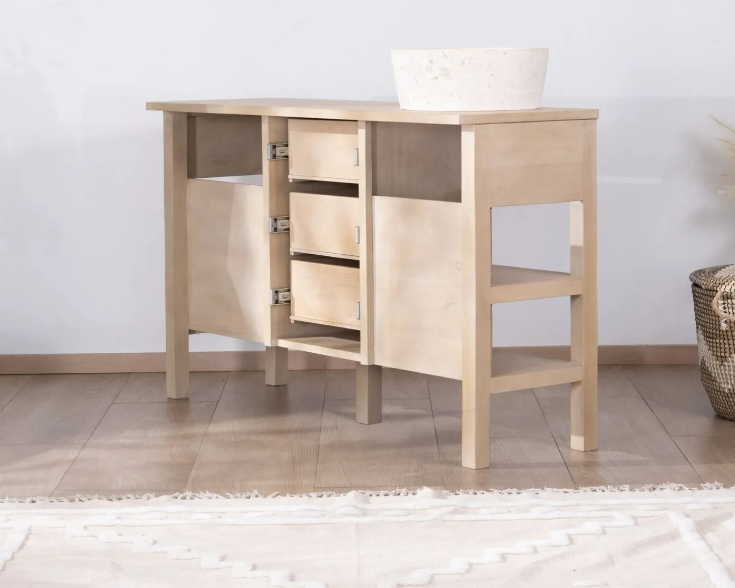 Meuble House Meuble de salle de bain double en manguier blanchi 140 cm avec niches et tiroirs "Kahiko" Outlet
