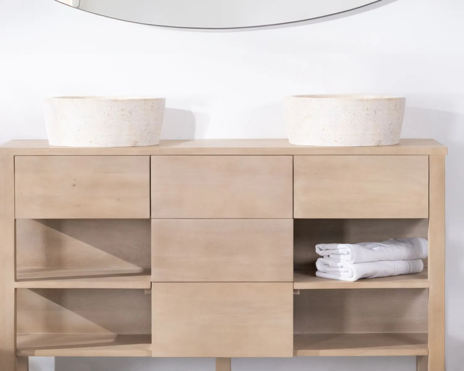 Meuble House Meuble de salle de bain double en manguier blanchi 140 cm avec niches et tiroirs "Kahiko" Outlet