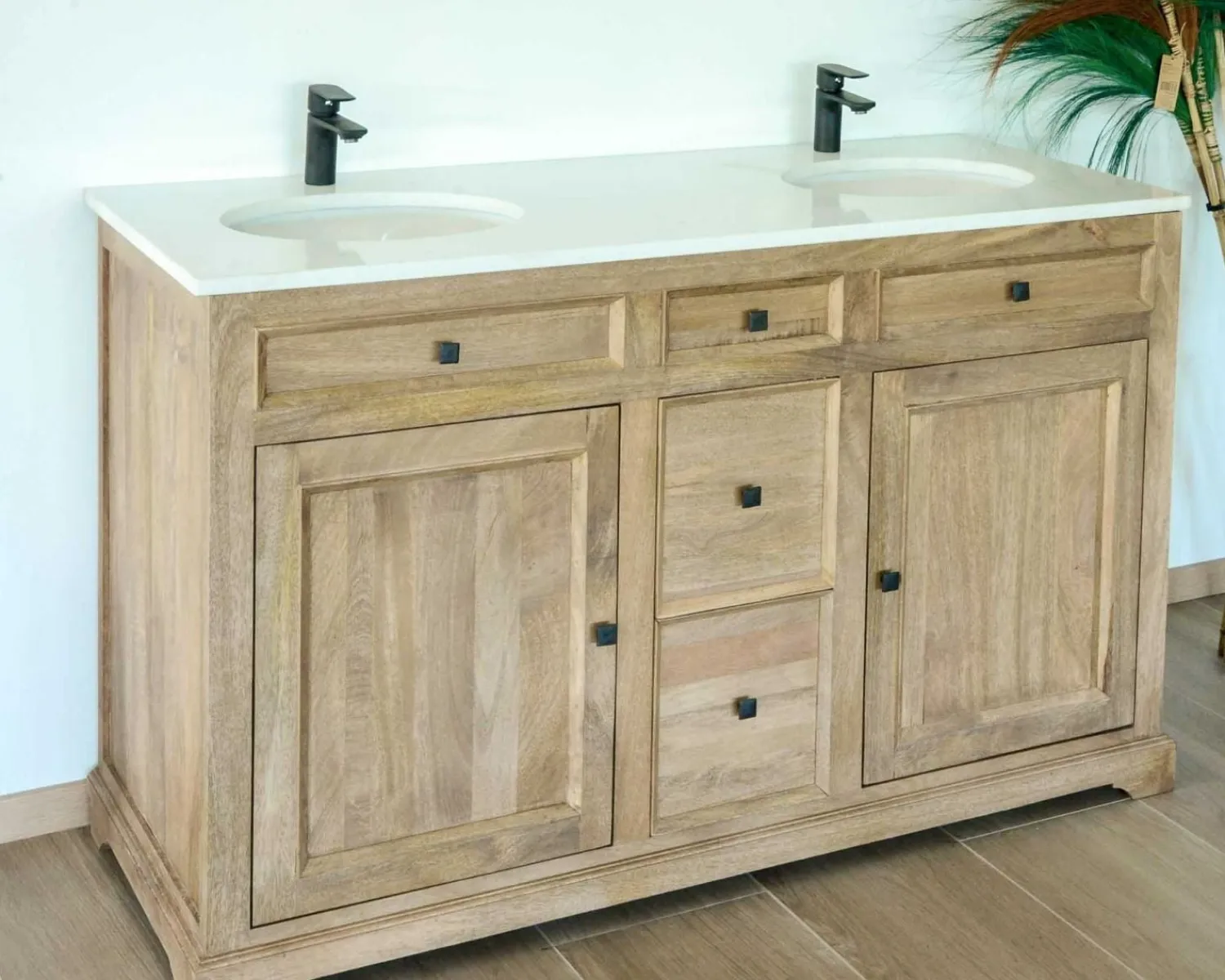 Meuble House Meuble de salle de bain 2 vasques manguier et quartz blanc "Elégance" Clearance