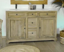 Meuble House Meuble de salle de bain 2 vasques manguier et quartz blanc