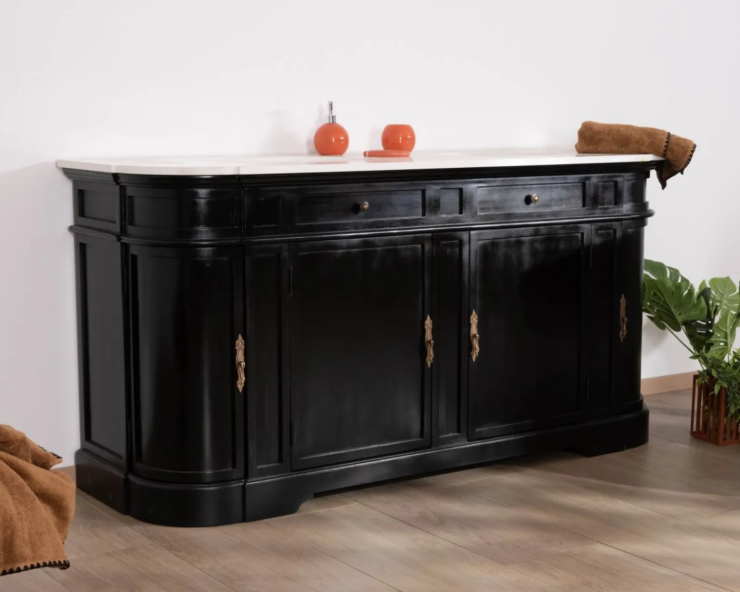 Meuble House Meuble double vasque coins arrondis bois noir quartz blanc "Églantine" Outlet