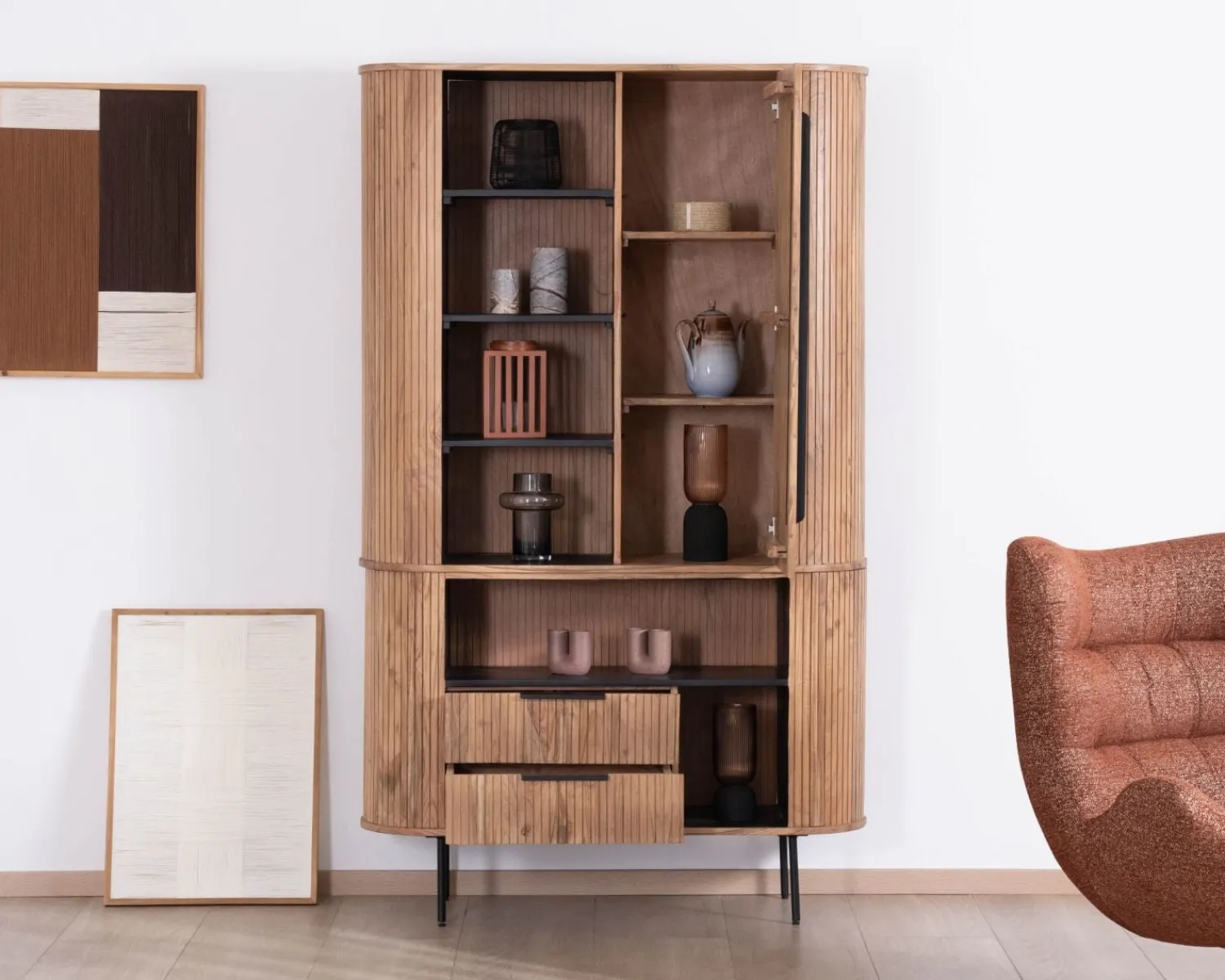 Meuble House Meuble haut multi-rangement design rétro "Bopee" acacia avec éclairage LED