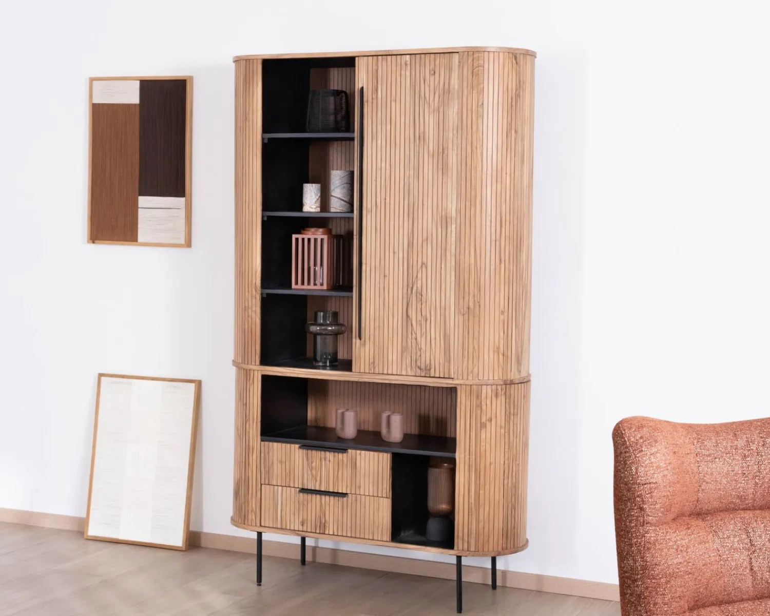 Meuble House Meuble haut multi-rangement design rétro "Bopee" acacia avec éclairage LED