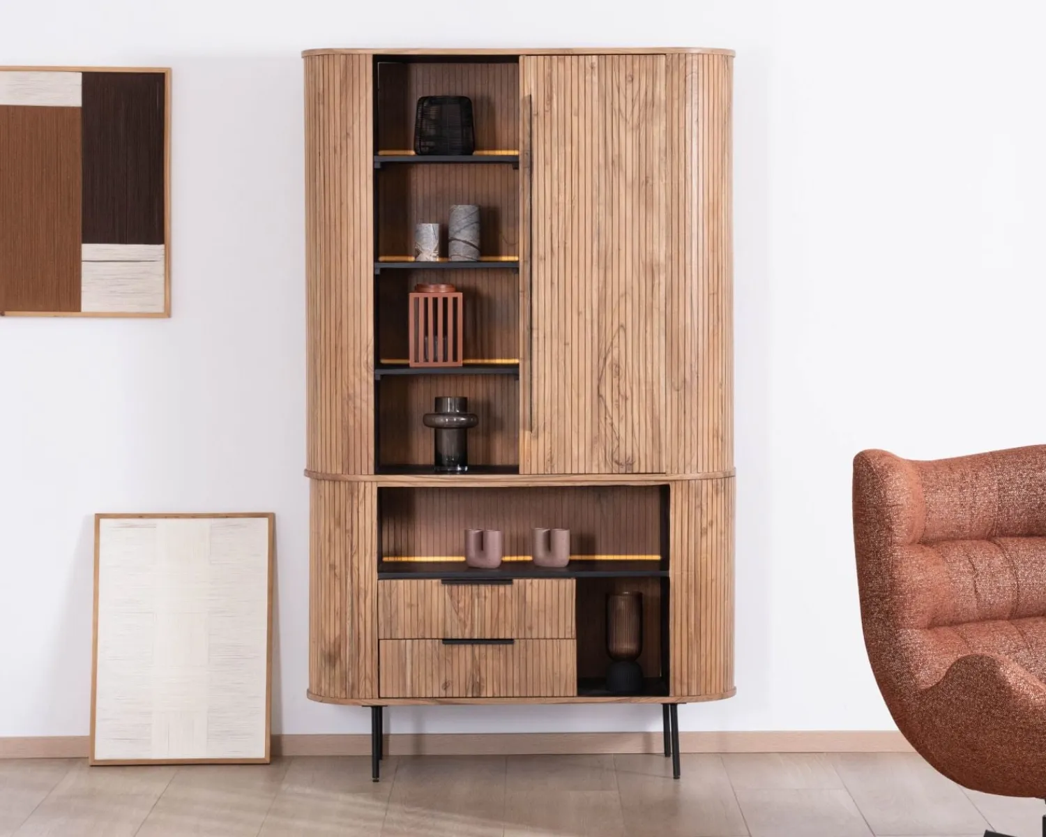 Meuble House Meuble haut multi-rangement design rétro "Bopee" acacia avec éclairage LED