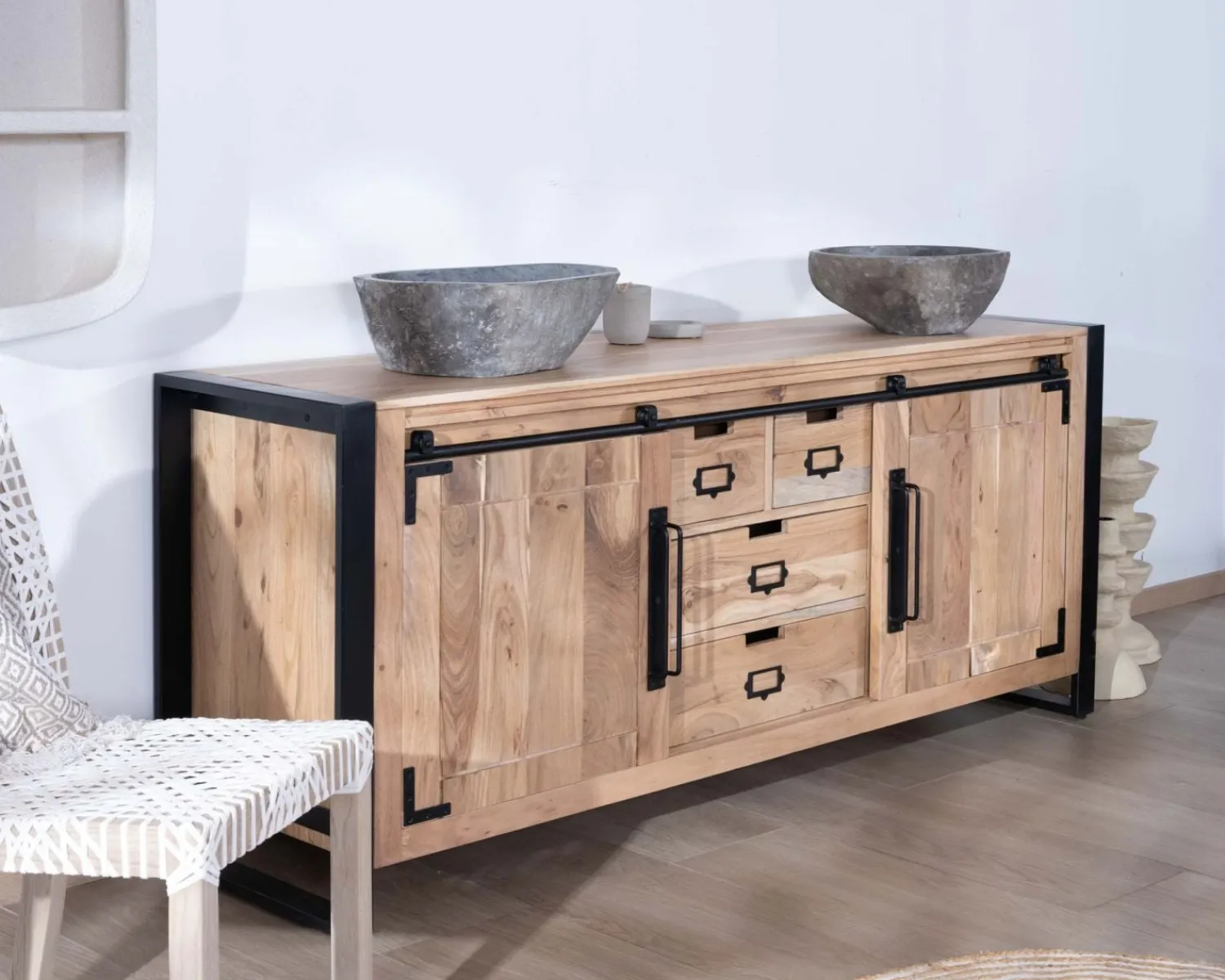 Meuble House Meuble salle de bain industriel métal et bois "Montréal" 165 cm New