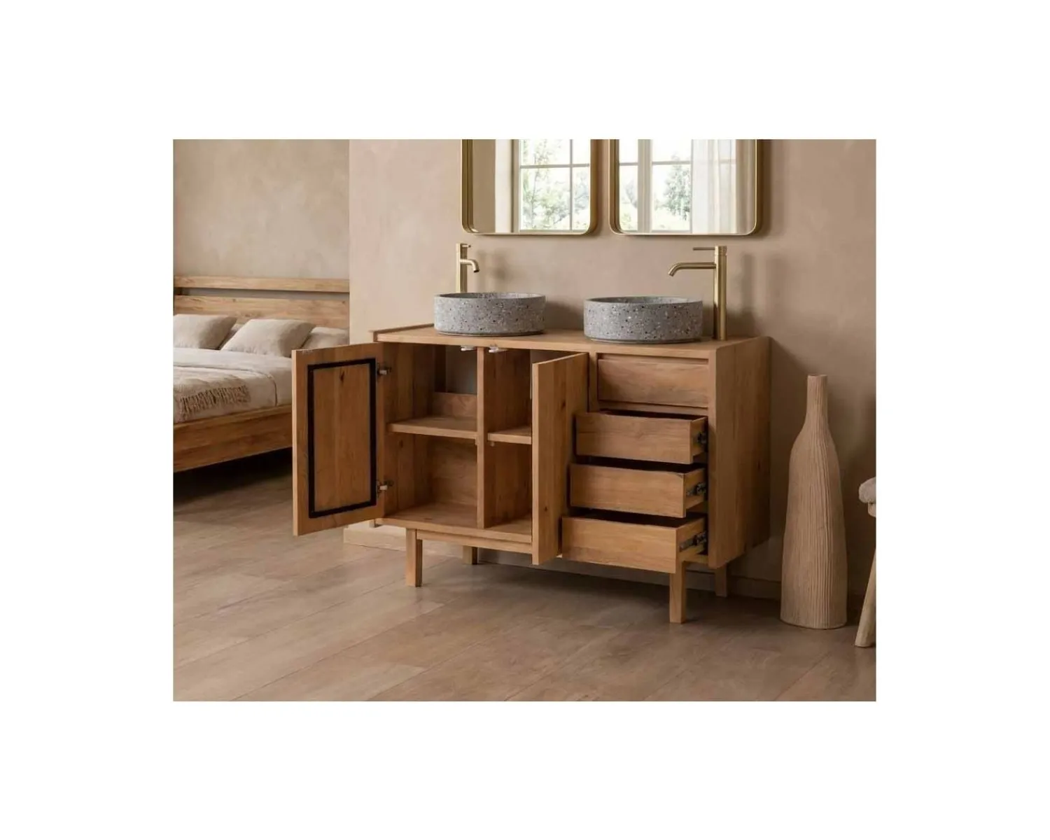 Meuble House Meuble sous vasque 120 cm avec portes et tiroirs "Kahiko" en manguier teinte chêne clair Best