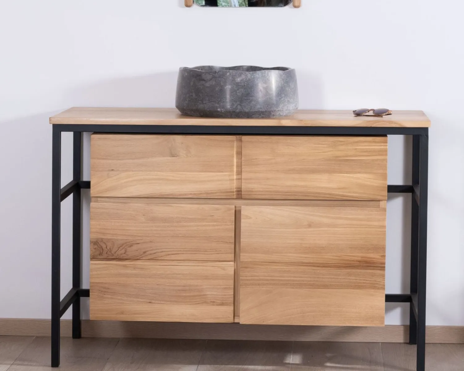 Meuble House Meuble sous vasque contemporain en teck 120 cm "Wavy" piètement design en métal New