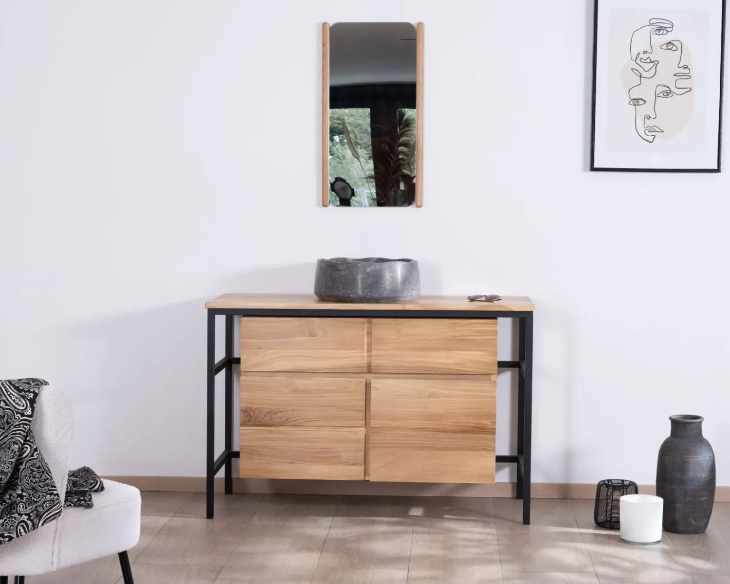 Meuble House Meuble sous vasque contemporain en teck 120 cm "Wavy" piètement design en métal New