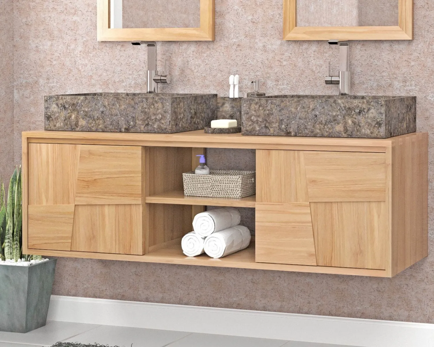 Meuble House Meuble sous vasque suspendu en teck avec portes coulissantes 140 cm "Tao" Clearance