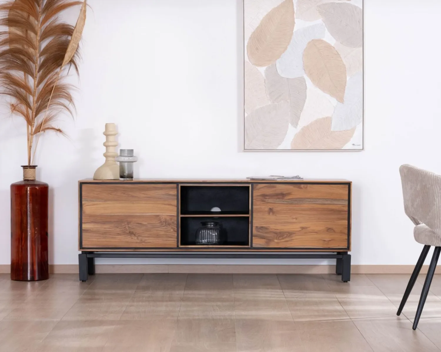 Meuble House Meuble télé 175 cm bicolore contemporain "Olonie" en teck naturel et métal Best