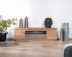 Meuble House Meuble télé 175cm en acacia avec tiroirs façade placage pierre et bande LED