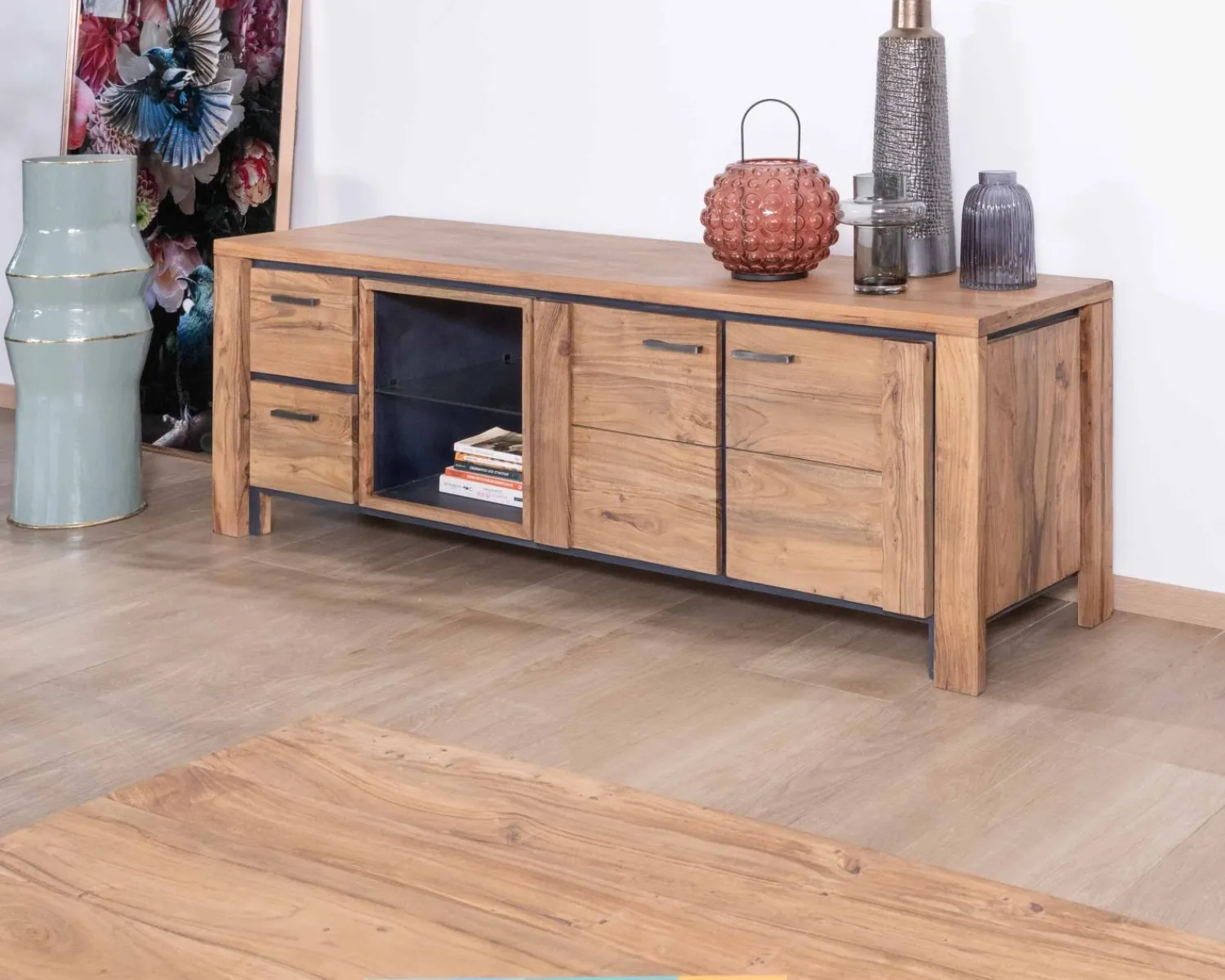 Meuble House Meuble TV 180cm acacia massif avec niche éclairage LED et étagère verre "Fantaisie" Outlet