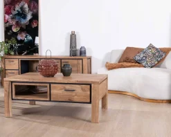 Meuble House Meuble TV 180cm acacia massif avec niche éclairage LED et étagère verre