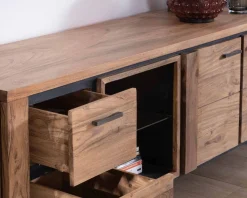 Meuble House Meuble TV 180cm acacia massif avec niche éclairage LED et étagère verre
