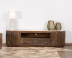 Meuble House Meuble TV 180 cm en bois recyclé et plateau marbre blanc 