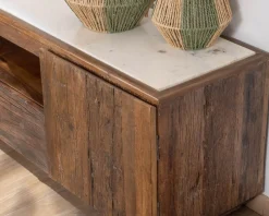 Meuble House Meuble TV 180 cm en bois recyclé et plateau marbre blanc 
