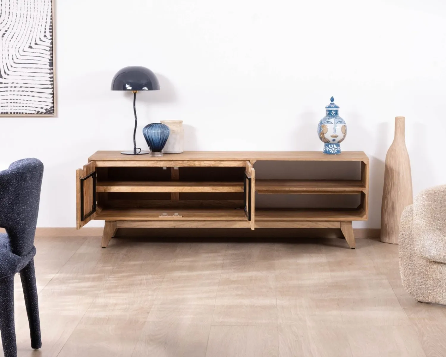 Meuble House Meuble TV 170 cm en manguier massif style scandinave "Elyka" avec double porte et niches Online