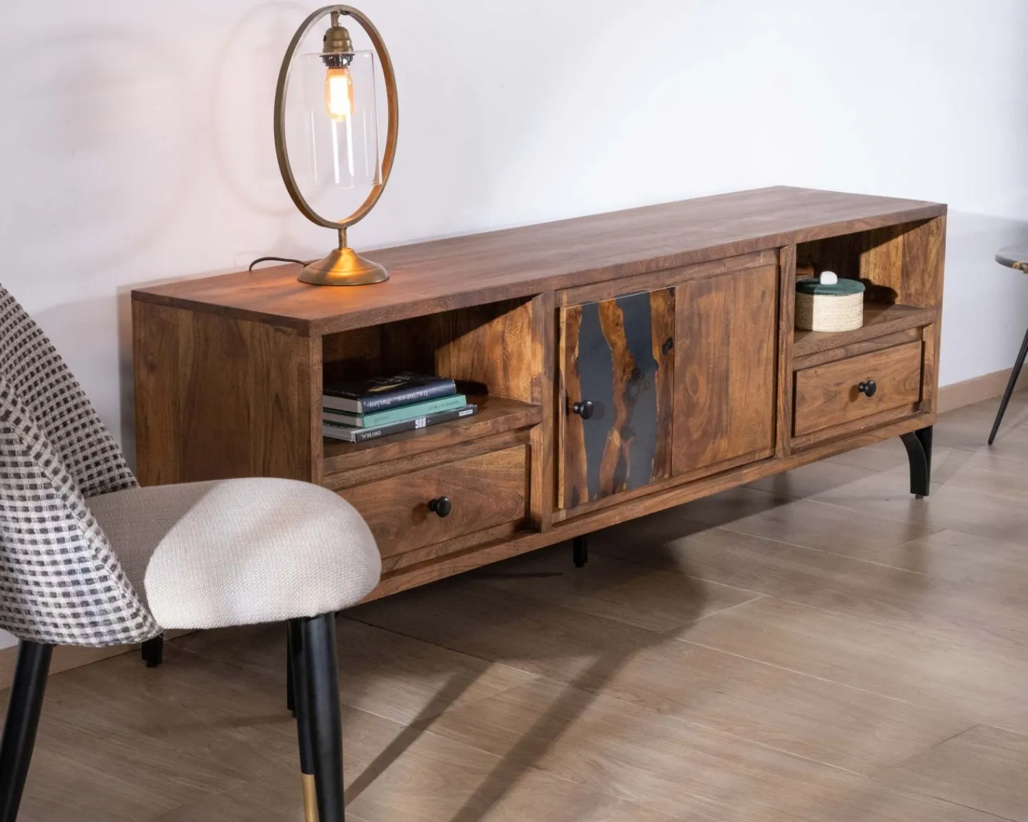 Meuble House Meuble TV 175cm ethnique acacia massif pieds métal noir "Membatu" New