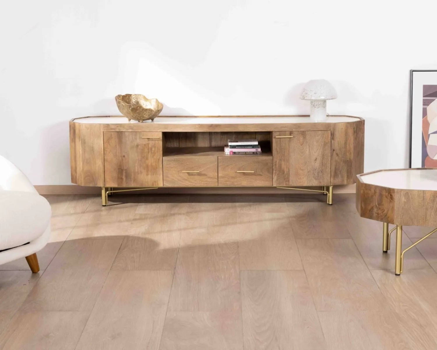 Meuble House Meuble TV 180 cm rétro-chic avec plateau en terrazzo blanc "Bruges" Best