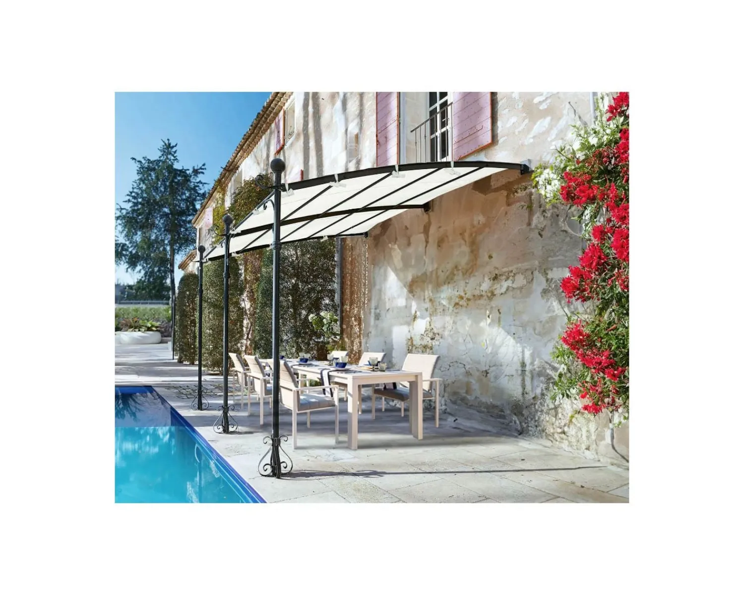 Meuble House Pergola murale 3 pieds en métal et toit arrondi "Gardénia" 3m60 x 3m Hot