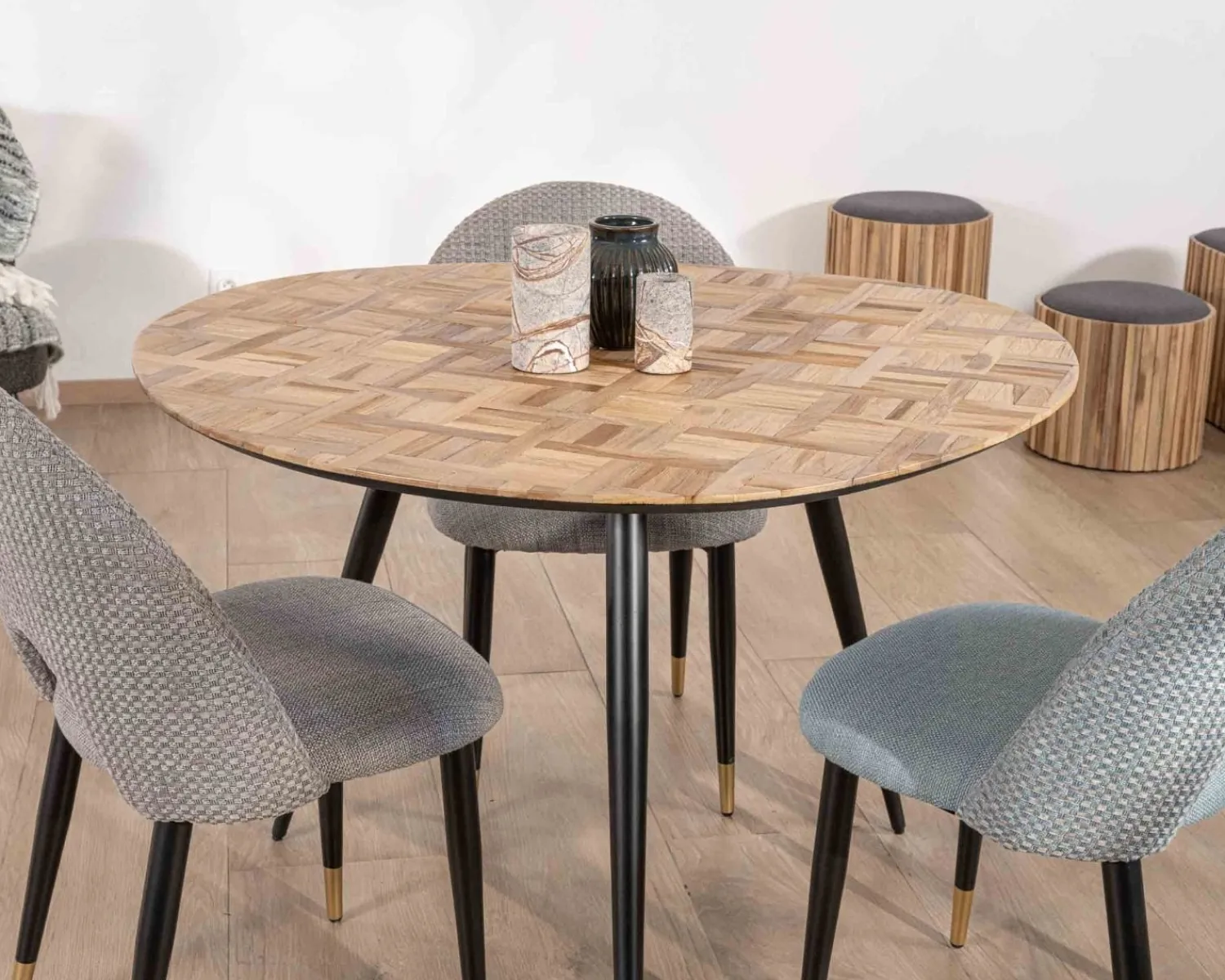 Meuble House Petite table de repas 3 pieds crayon en métal plateau teck marqueterie "Foster" 110cm Clearance