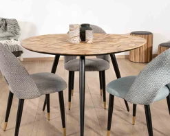 Meuble House Petite table de repas 3 pieds crayon en métal plateau teck marqueterie
