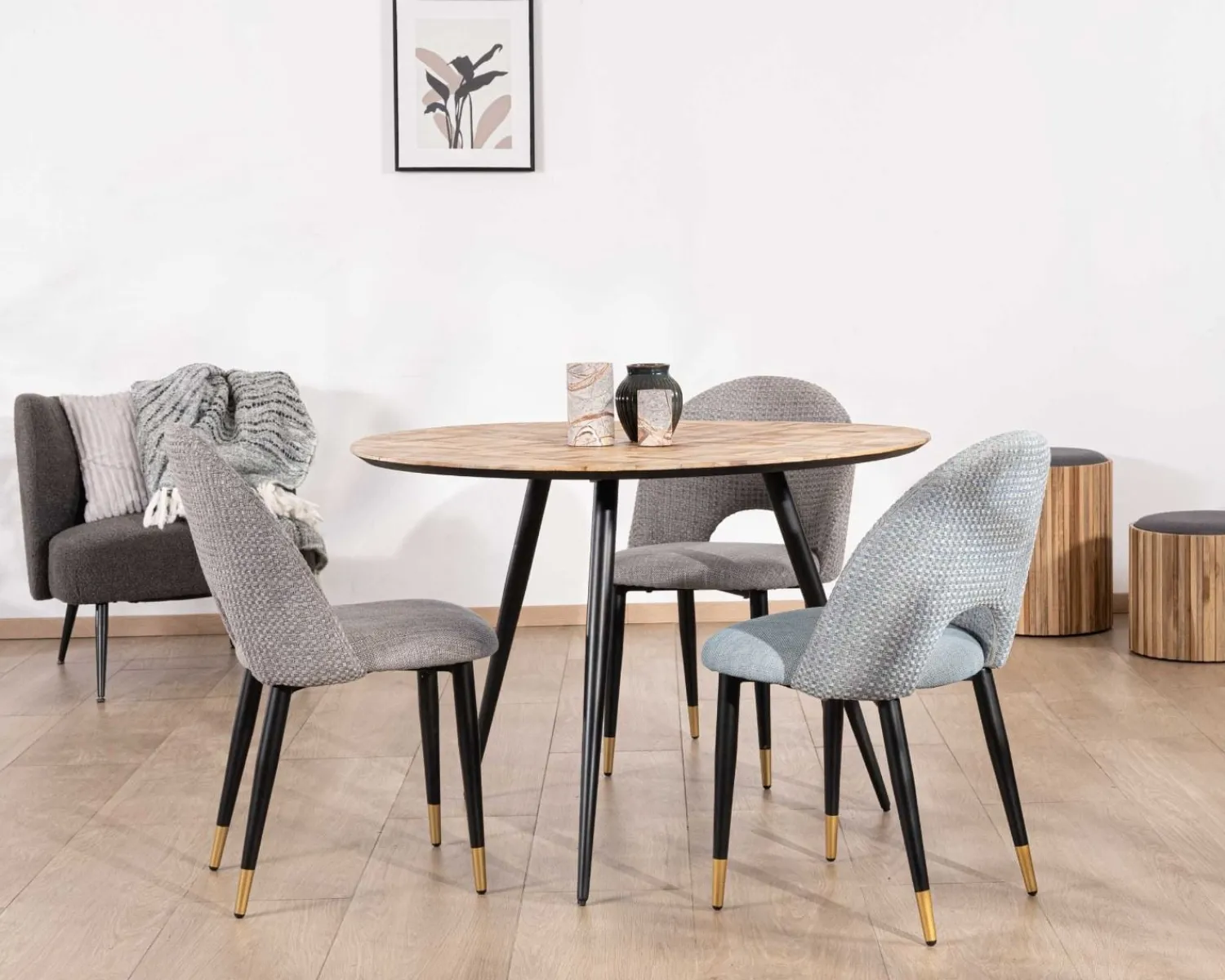 Meuble House Petite table de repas 3 pieds crayon en métal plateau teck marqueterie "Foster" 110cm Clearance