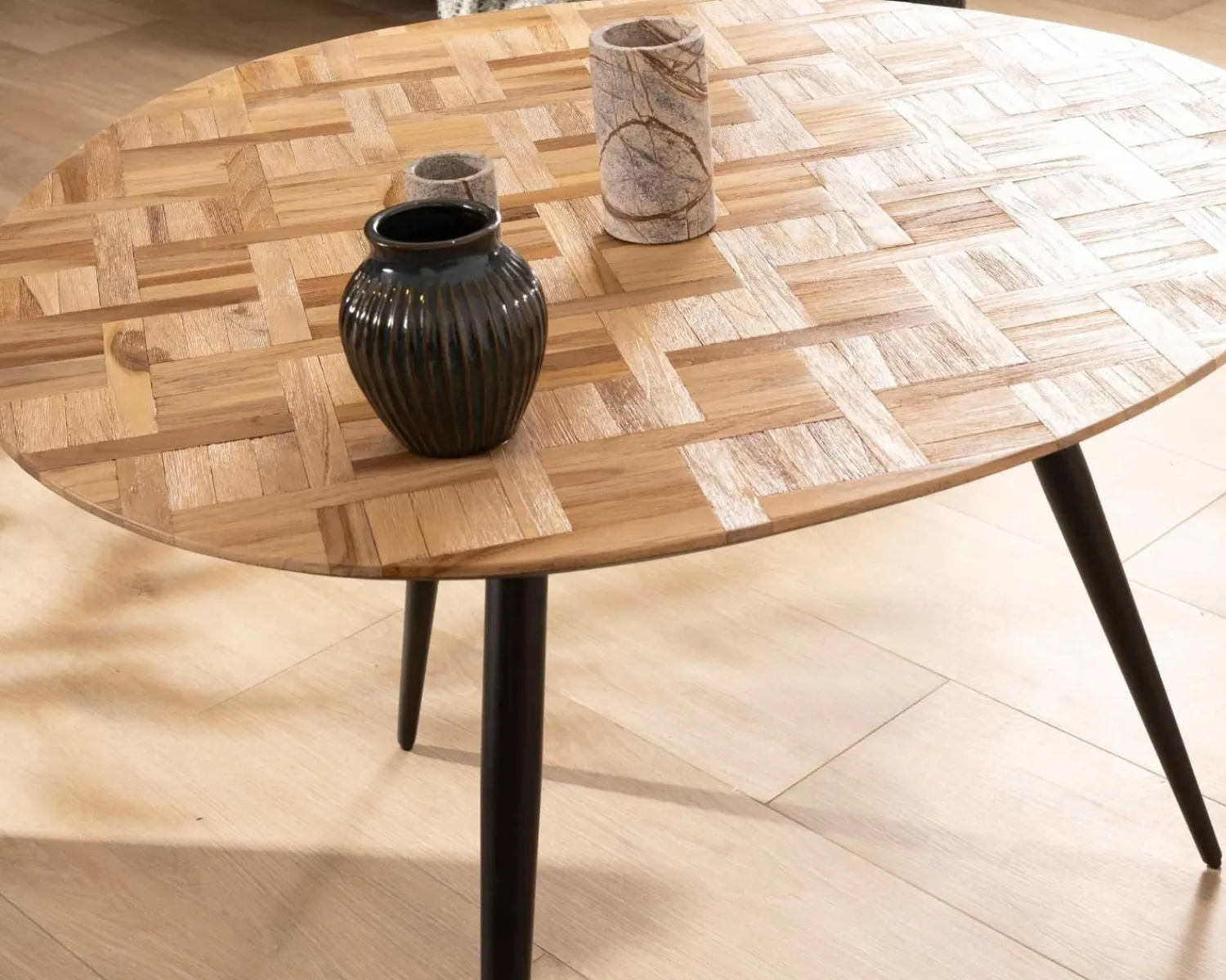 Meuble House Petite table de repas 3 pieds crayon en métal plateau teck marqueterie "Foster" 110cm Clearance