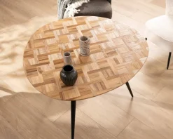 Meuble House Petite table de repas 3 pieds crayon en métal plateau teck marqueterie