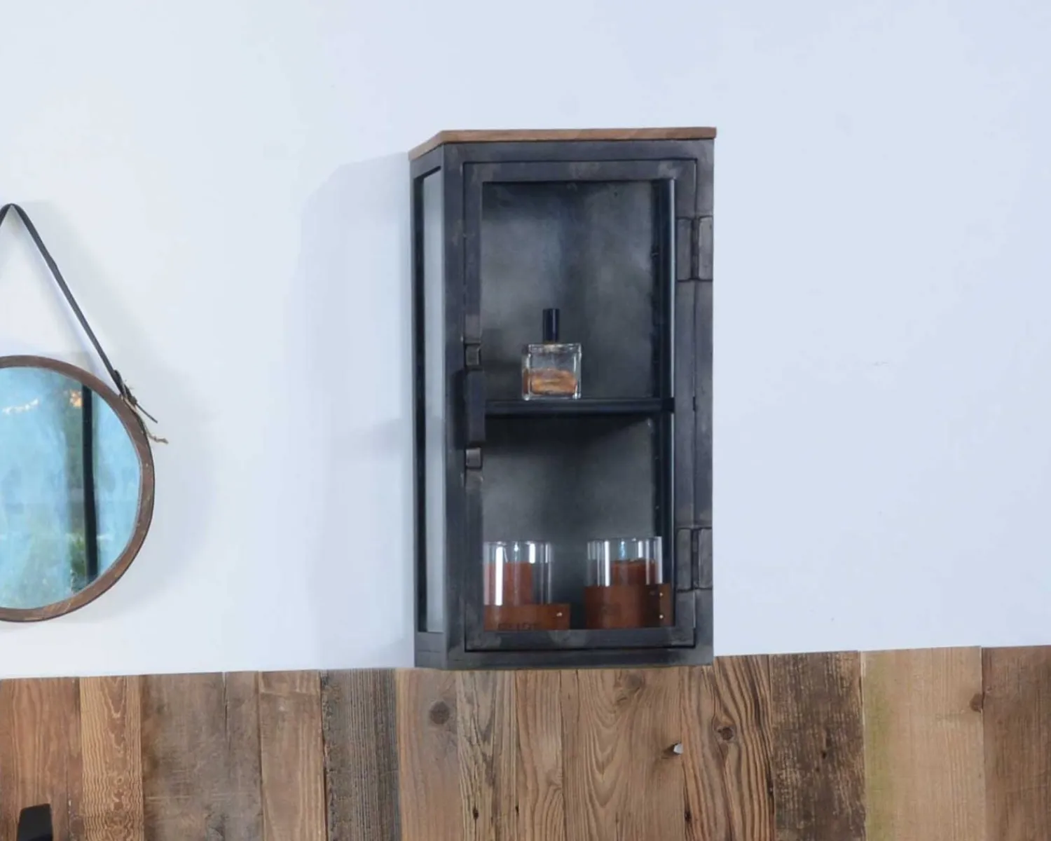 Meuble House Petite vitrine murale style industriel métal, bois massif, verre "Black Cook" Best