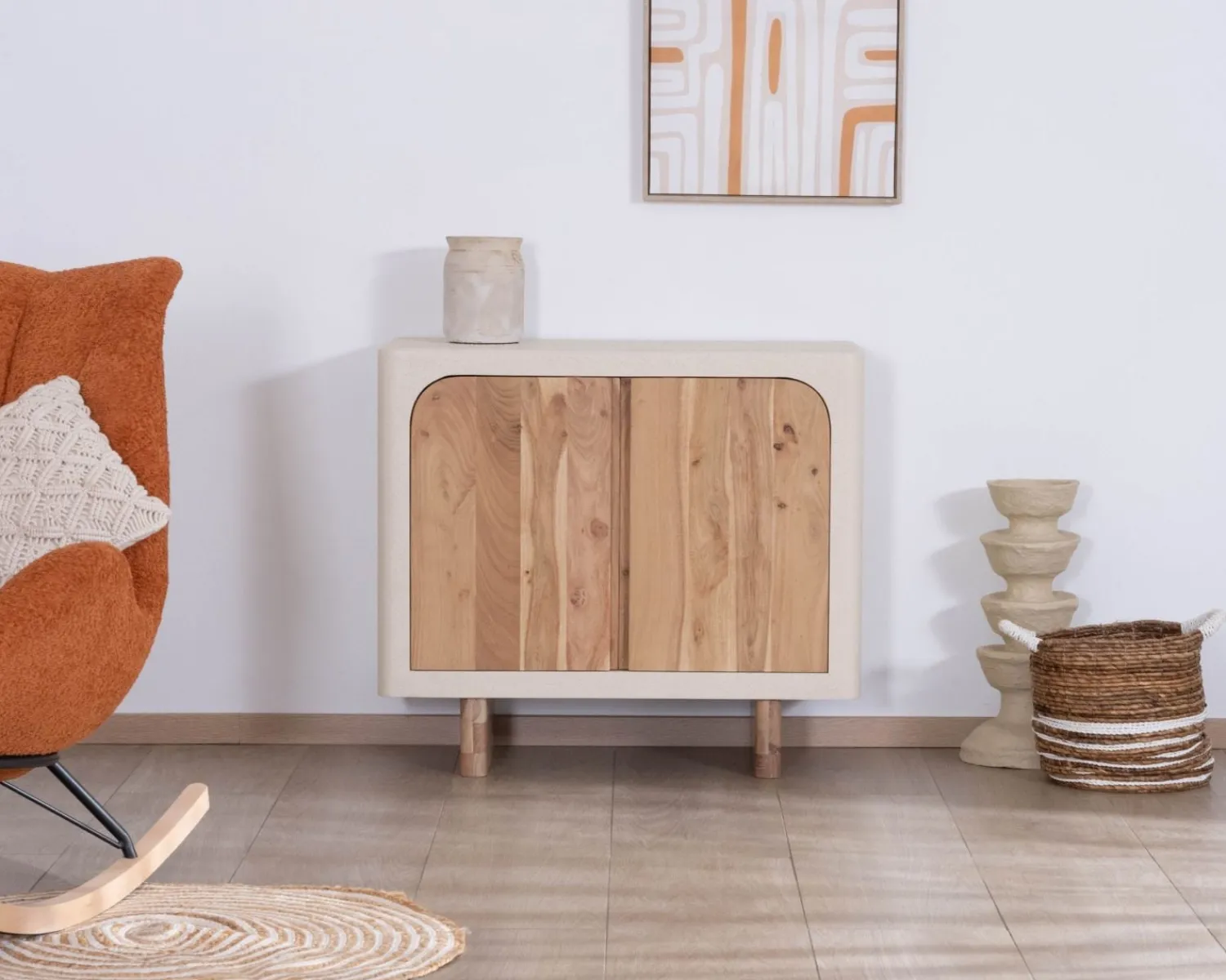 Meuble House Petit rangement design en acacia naturel et finition aspect béton sablé "Miona" Sale