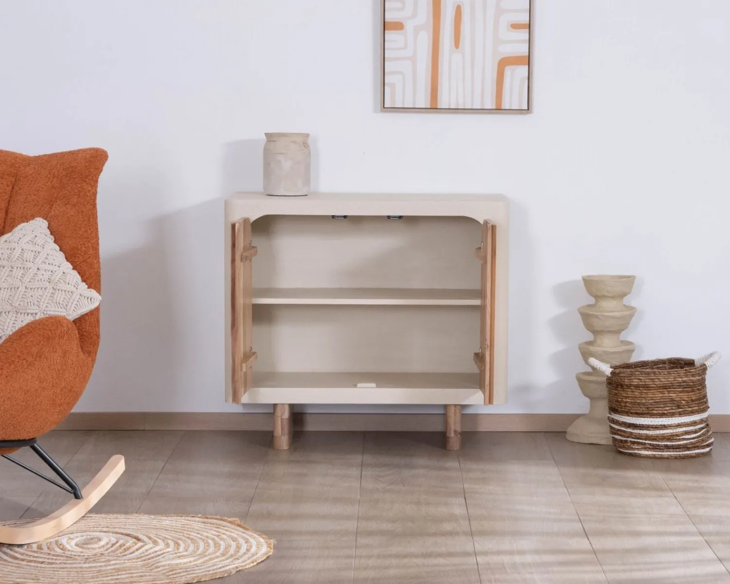 Meuble House Petit rangement design en acacia naturel et finition aspect béton sablé "Miona" Sale