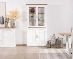 Meuble House Petit vaisselier blanc en acacia avec portes vitrées "Trégastel" New