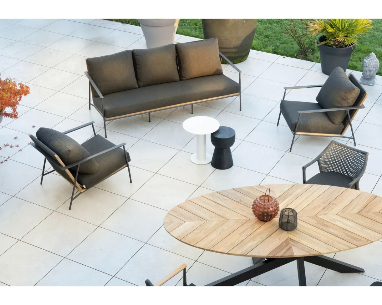 Meuble House Salon de jardin 3 pièces en aluminium, teck et tissu spécial extérieur gris foncé "Hélios" Outlet