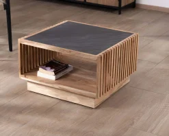 Meuble House Table basse carrée avec plateau en placage pierre et structure bois ajourée 