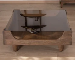 Meuble House Table basse carrée design vintage en manguier avec plateau verre 