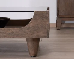 Meuble House Table basse carrée design vintage en manguier avec plateau verre 